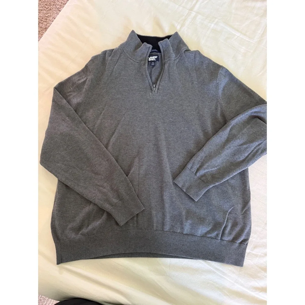 Lands' End Supima Cotton Quarter Zip Sweater Men's XL Gray Preppy Golf Coastal